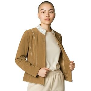 VTG Women's Tan Suede Blazer Jacket Size Medium Ivory Lace Accents Bradley Bayou